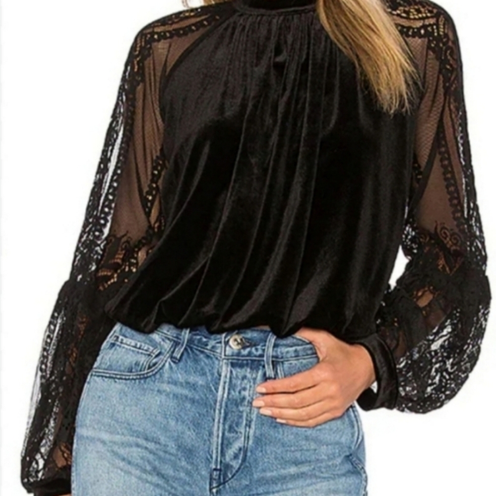 Free People Black Lace Sleeve Velvet Peasant Boho Top